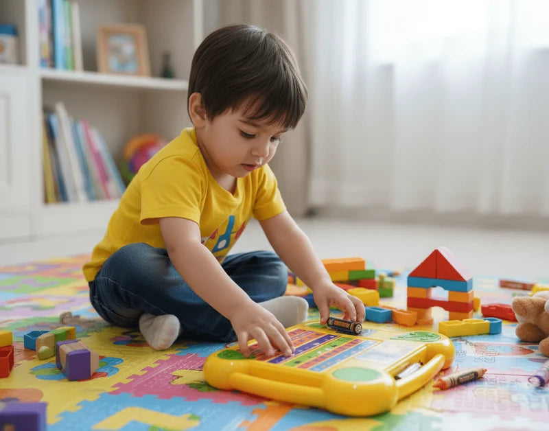 Child playing with Baba Mshmsh Arabic learning tablet on colorful playmat with building blocks