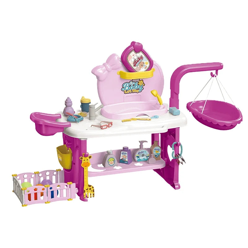 Baby nurse care station playset in pink and purple with changing table, bathtub, playpen and accessories