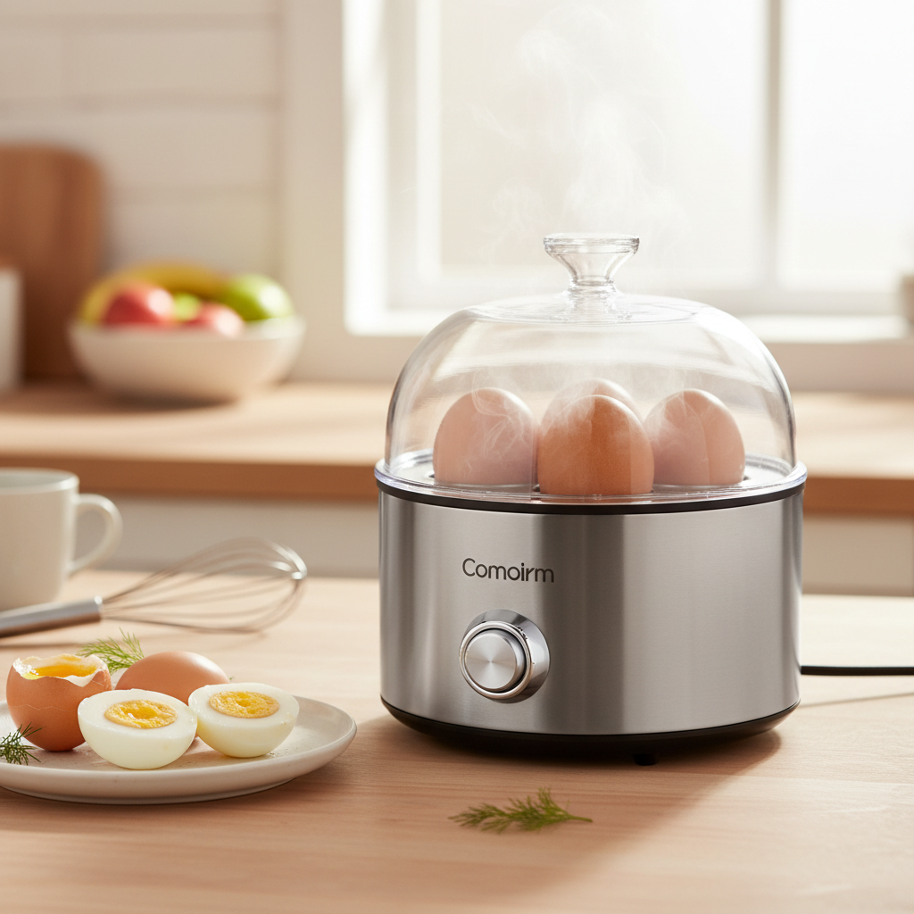 Digital egg cooker with perfectly cooked eggs on kitchen countertop