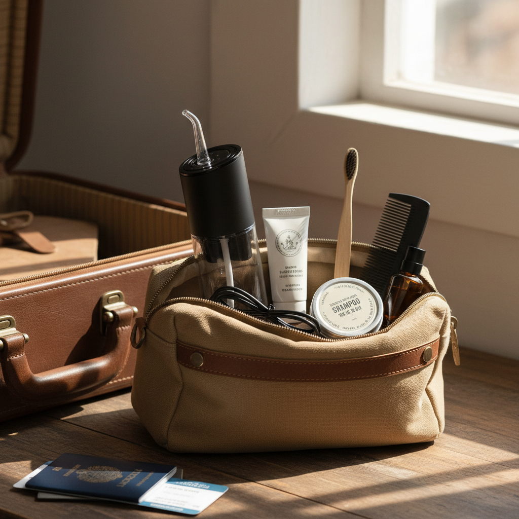 Portable oral irrigator packed in travel toiletry bag