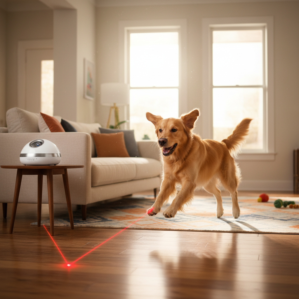 Happy dog chasing red laser dot on floor with automatic laser toy nearby