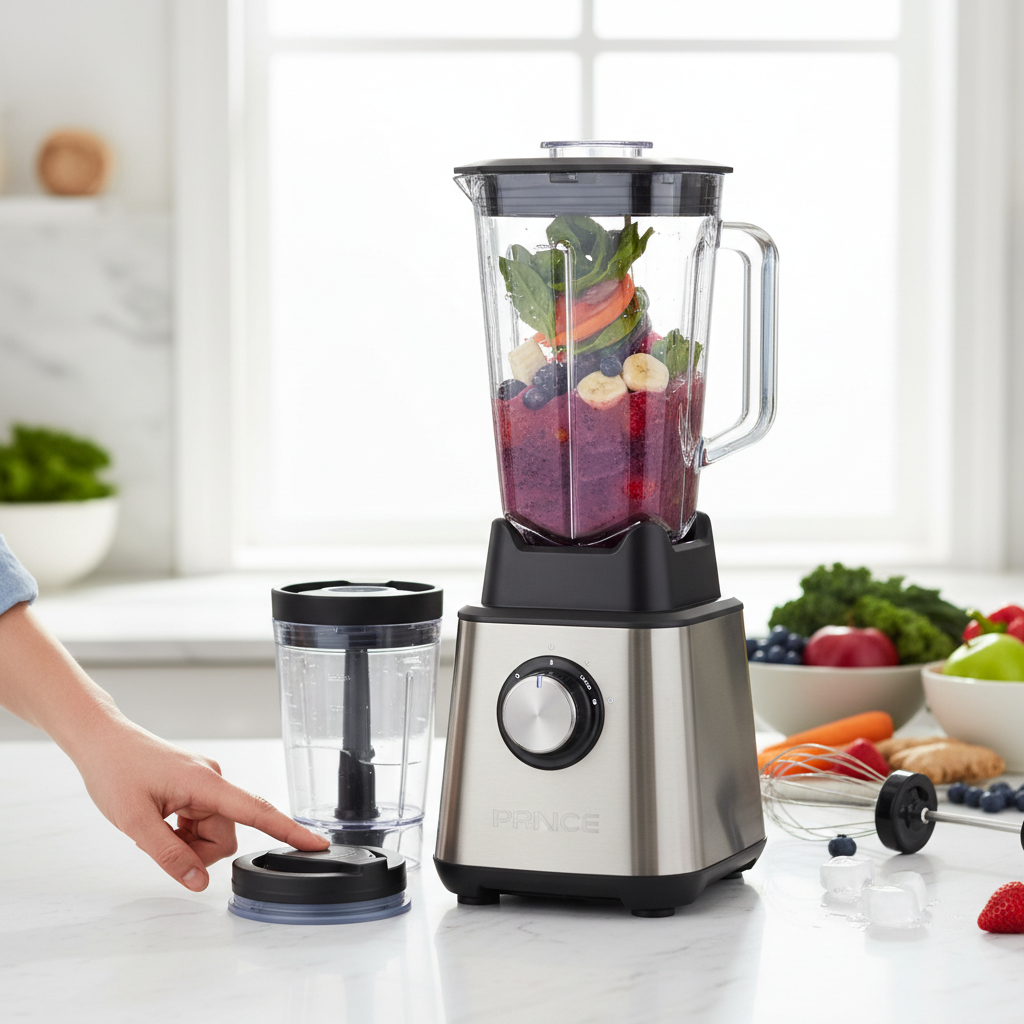 4-in-1 blender making colorful smoothie on kitchen countertop