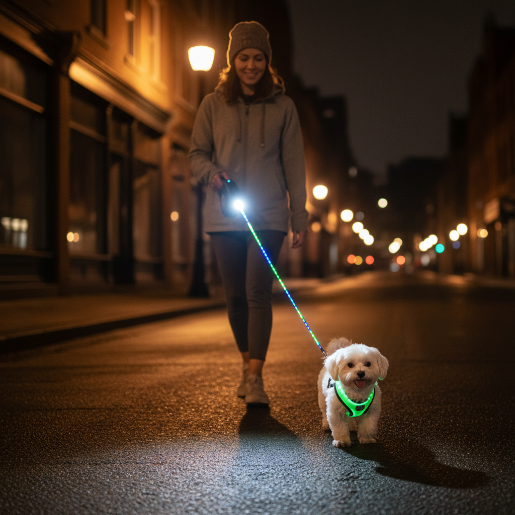 Person walking small dog at night using retractable leash with glowing LED spotlight