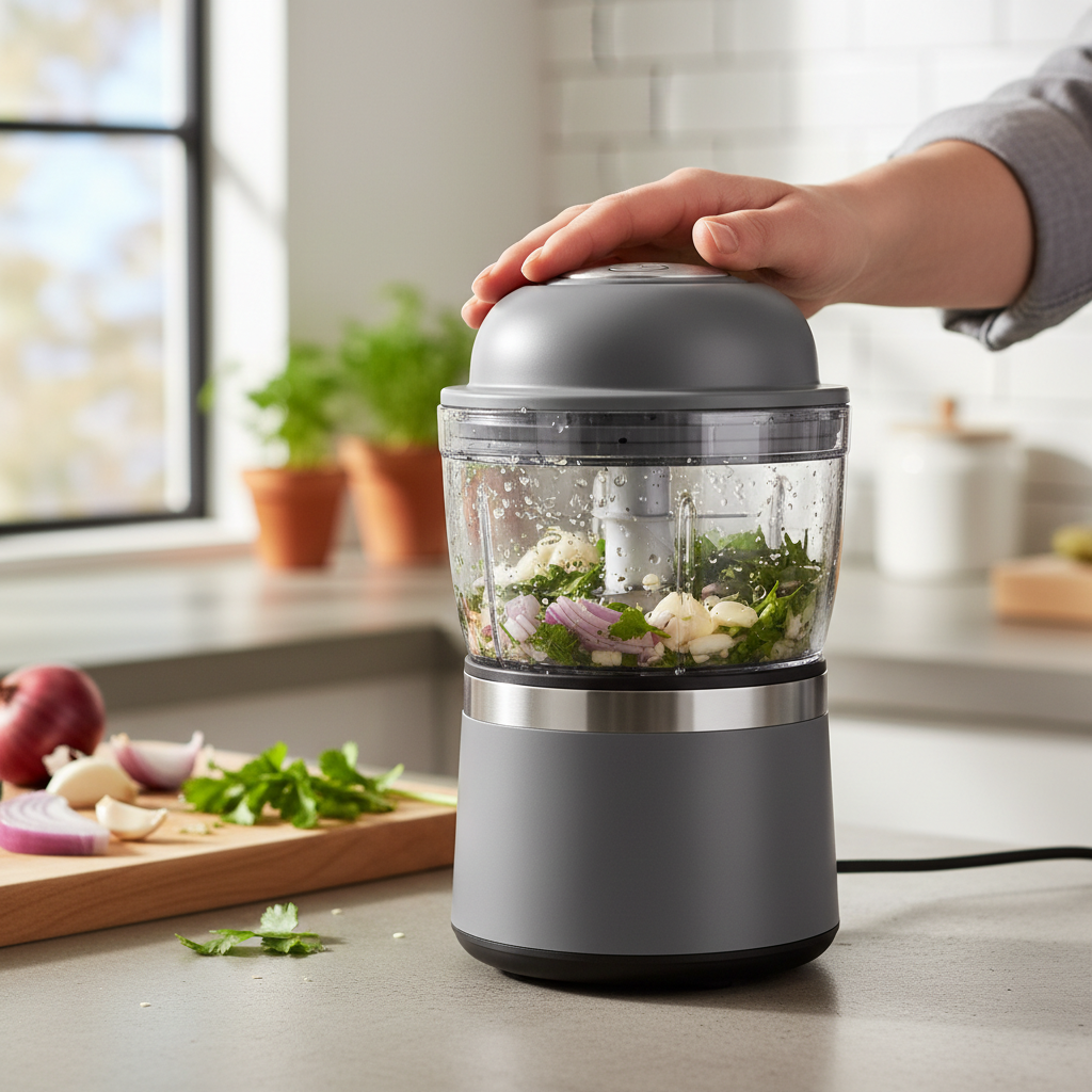 Mini electric food chopper chopping vegetables on kitchen countertop