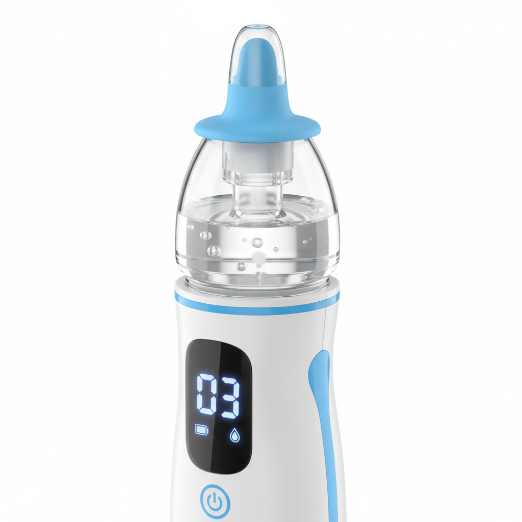 Close-up of baby nasal aspirator collection chamber and silicone tip