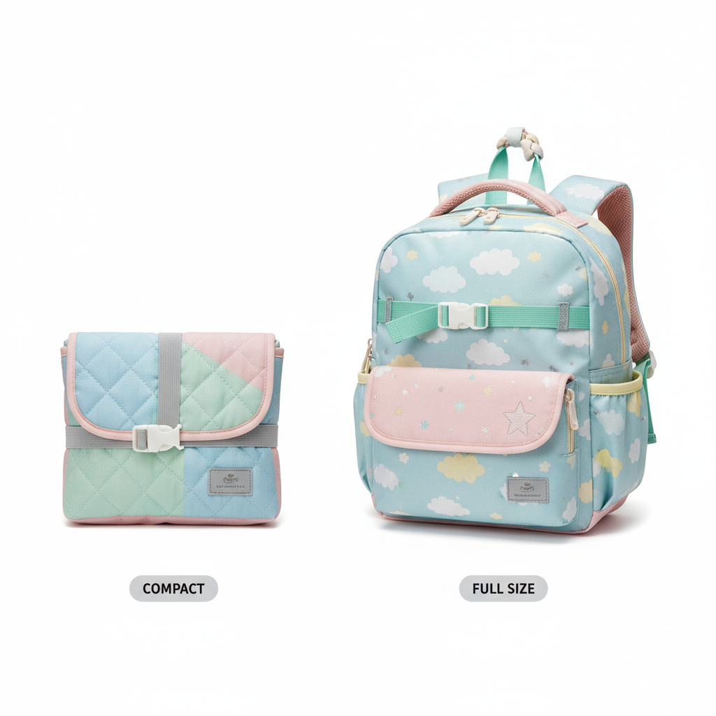 Baby foldable backpack shown folded flat and unfolded side by side