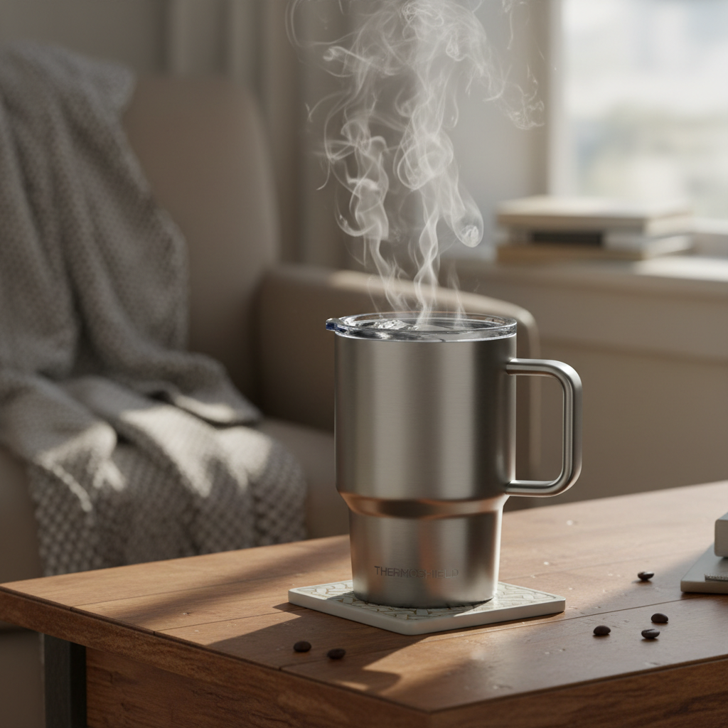 Stainless steel tumbler mug with coffee steam on wooden table