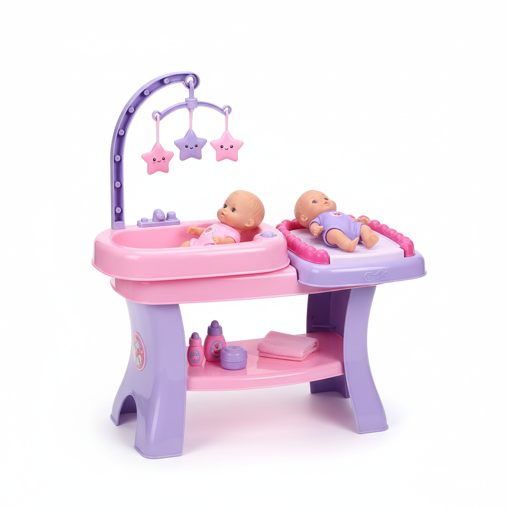 Baby nurse care station showing bathtub attachment and storage shelf