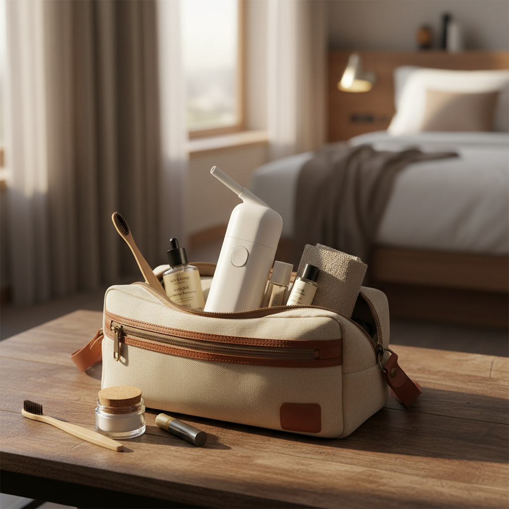Portable electric bidet packed in travel bag with toiletries