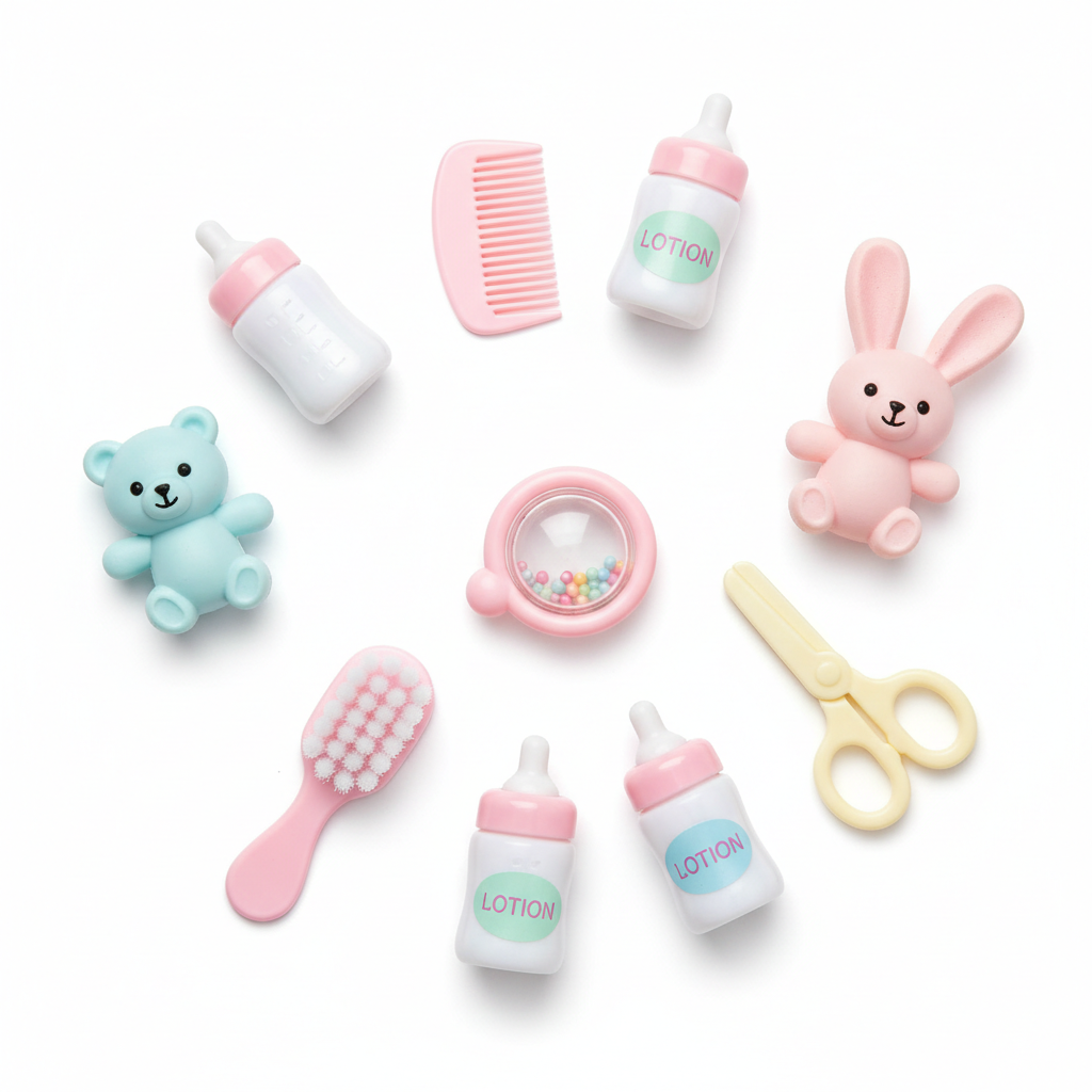 Flat lay of baby nurse playset accessories including bottles and grooming tools