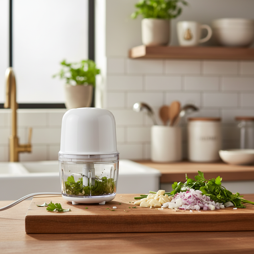 Mini electric food chopper next to freshly chopped herbs and garlic