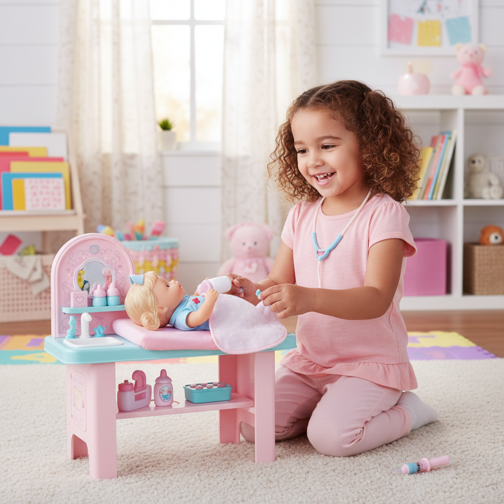 Girl playing with baby doll nurse care station in playroom