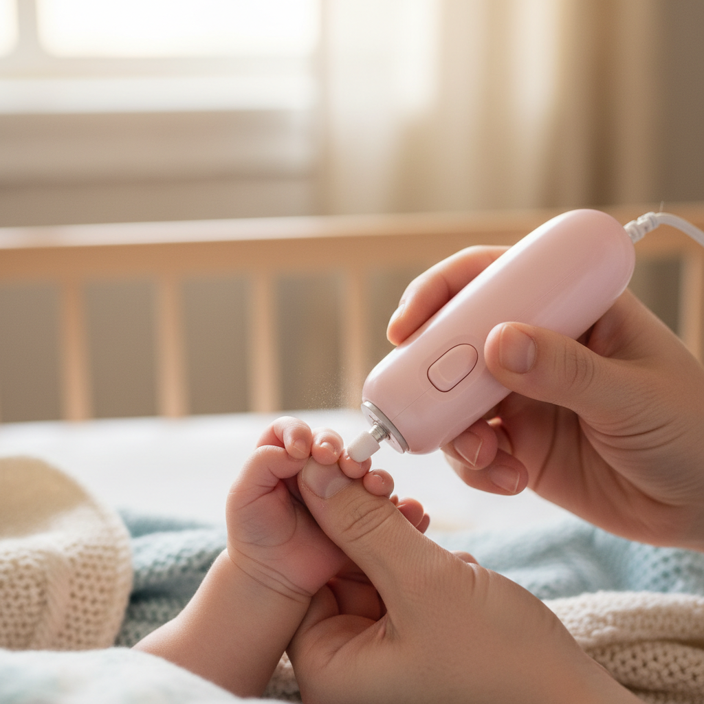 Parent trimming newborn baby nails with electric nail trimmer