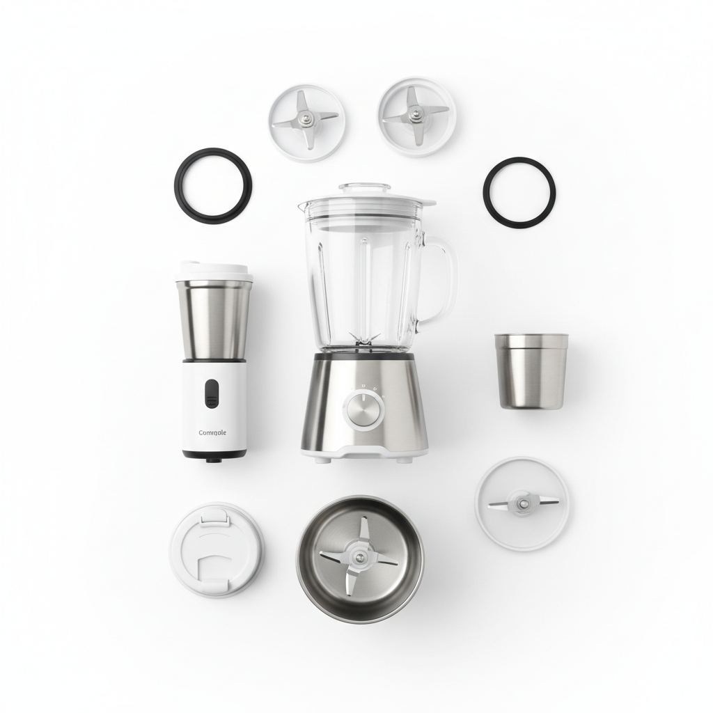 Flat lay of all 4-in-1 blender set attachments and accessories