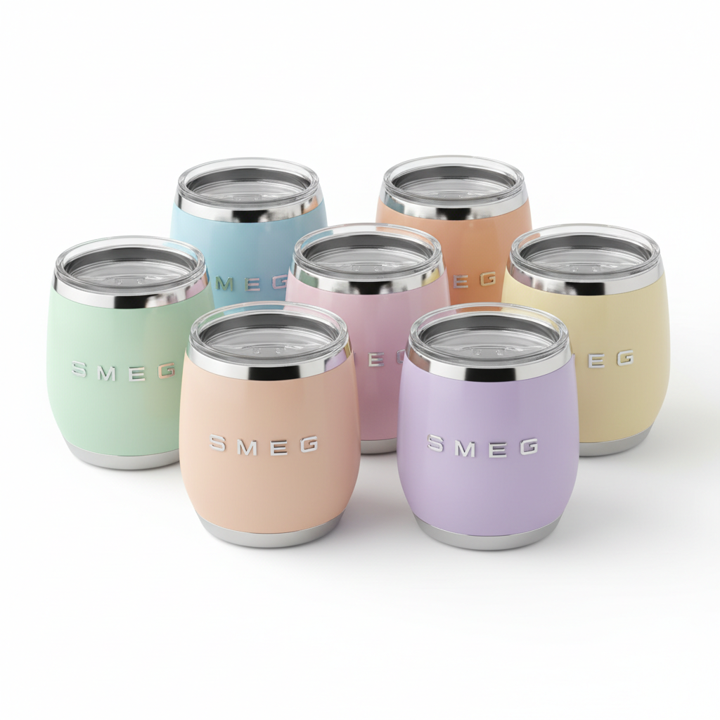 Multiple SMEG tumbler mugs in different pastel colors