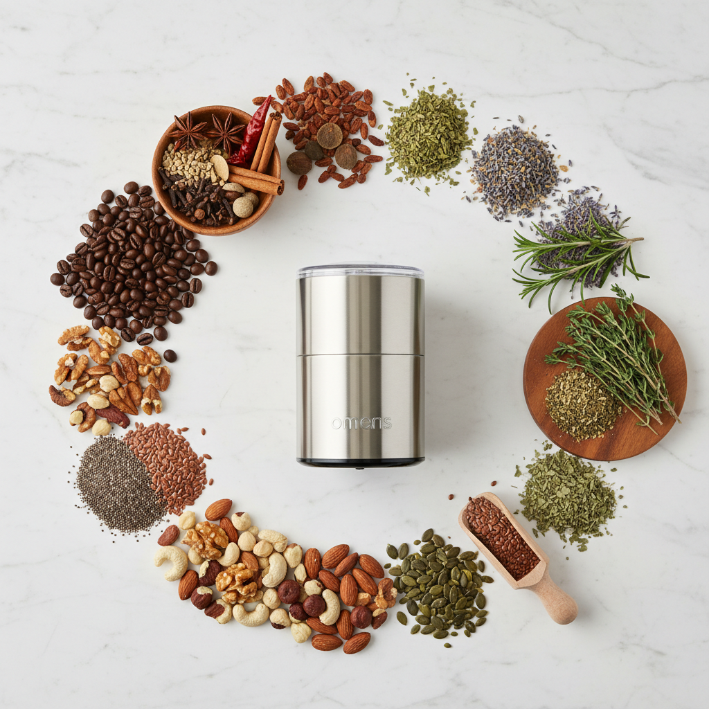 Electric grinder surrounded by coffee beans, spices, herbs and nuts flat lay