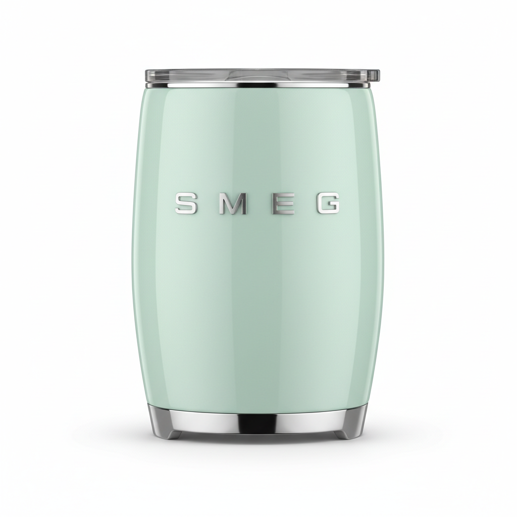 SMEG stainless steel vacuum insulated tumbler mug on white background