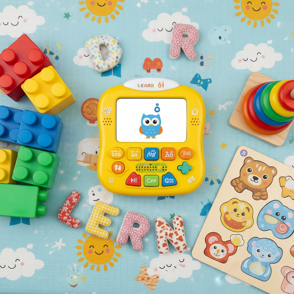Arabic learning tablet with colorful building blocks on playmat