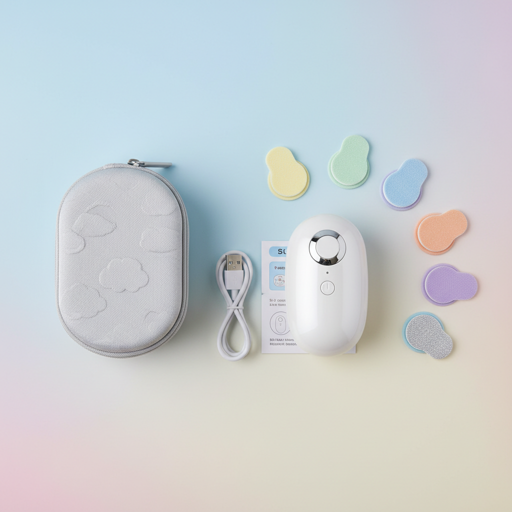 Flat lay of baby nail trimmer kit with all accessories and carrying case