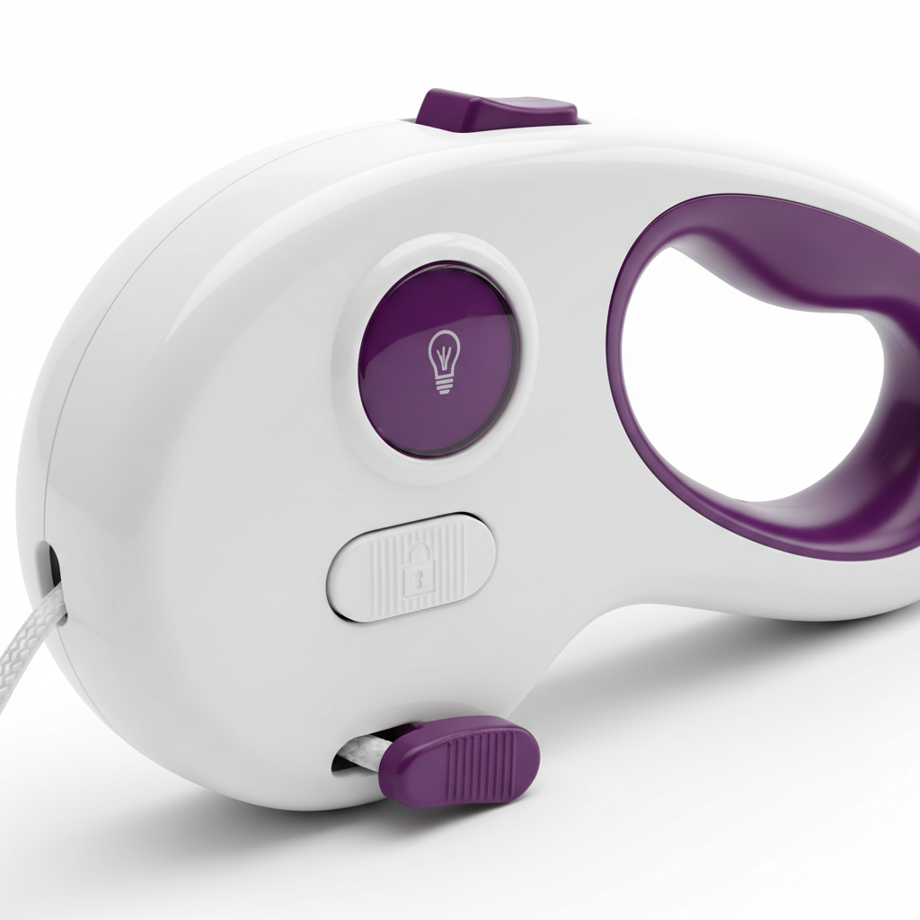 Close-up of retractable leash handle showing LED spotlight and lock button