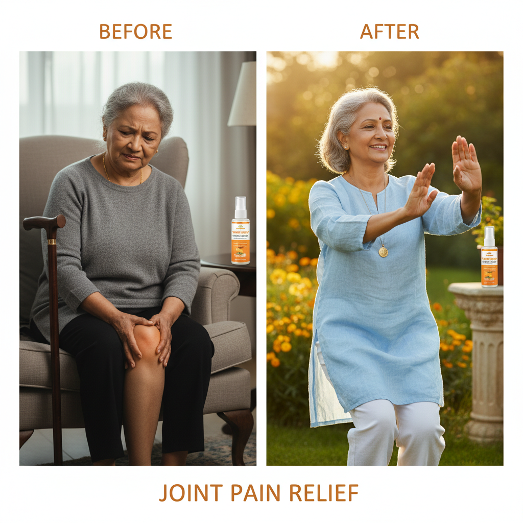 Elderly person active and comfortable after using turmeric ginger bone care spray