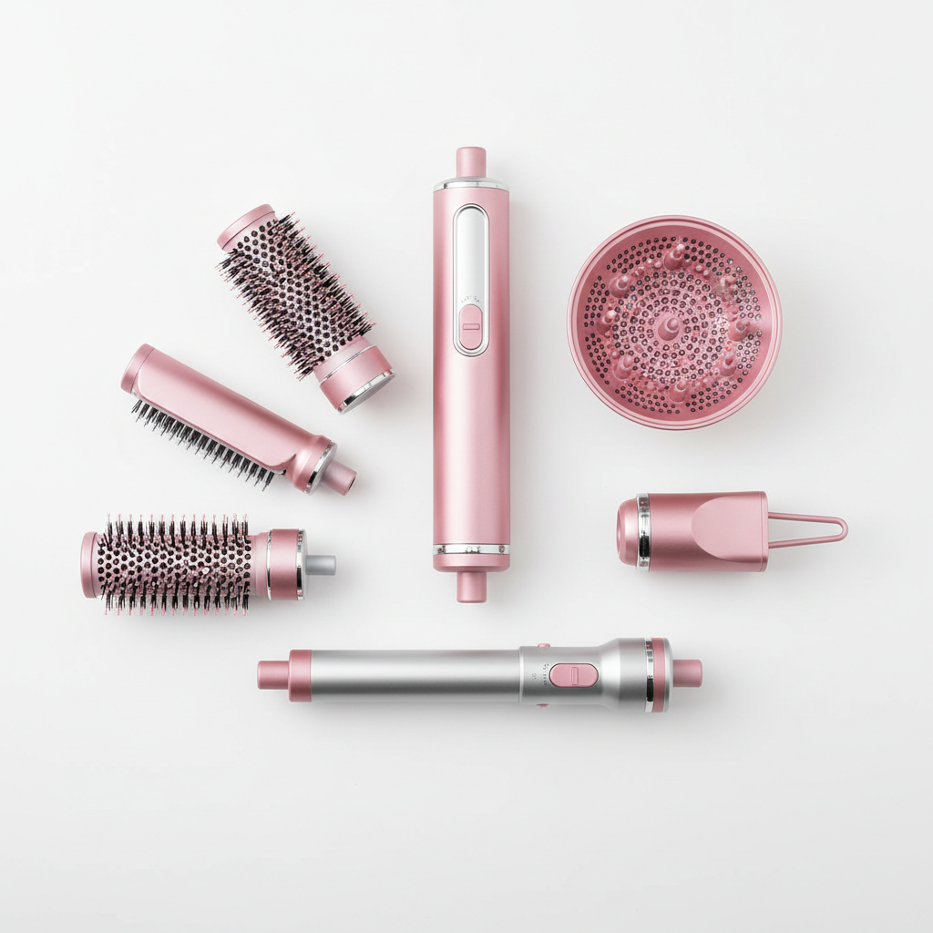 Flat lay of all 5 hot air brush styler attachments on white background