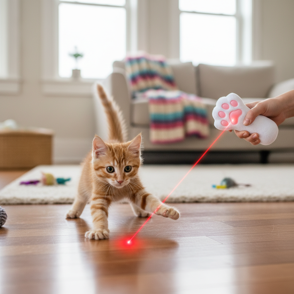 Playful kitten chasing red laser dot while owner holds cat paw laser pointer