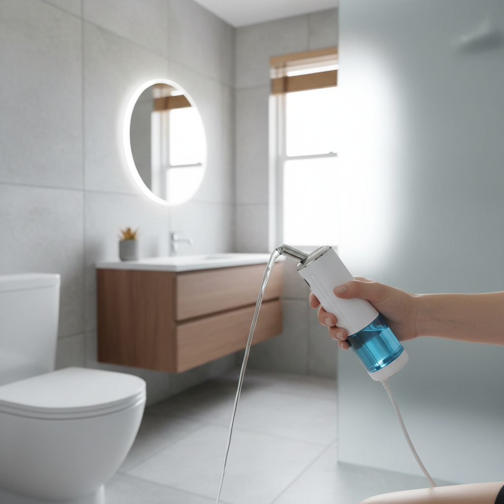 Person using portable electric travel bidet in bathroom