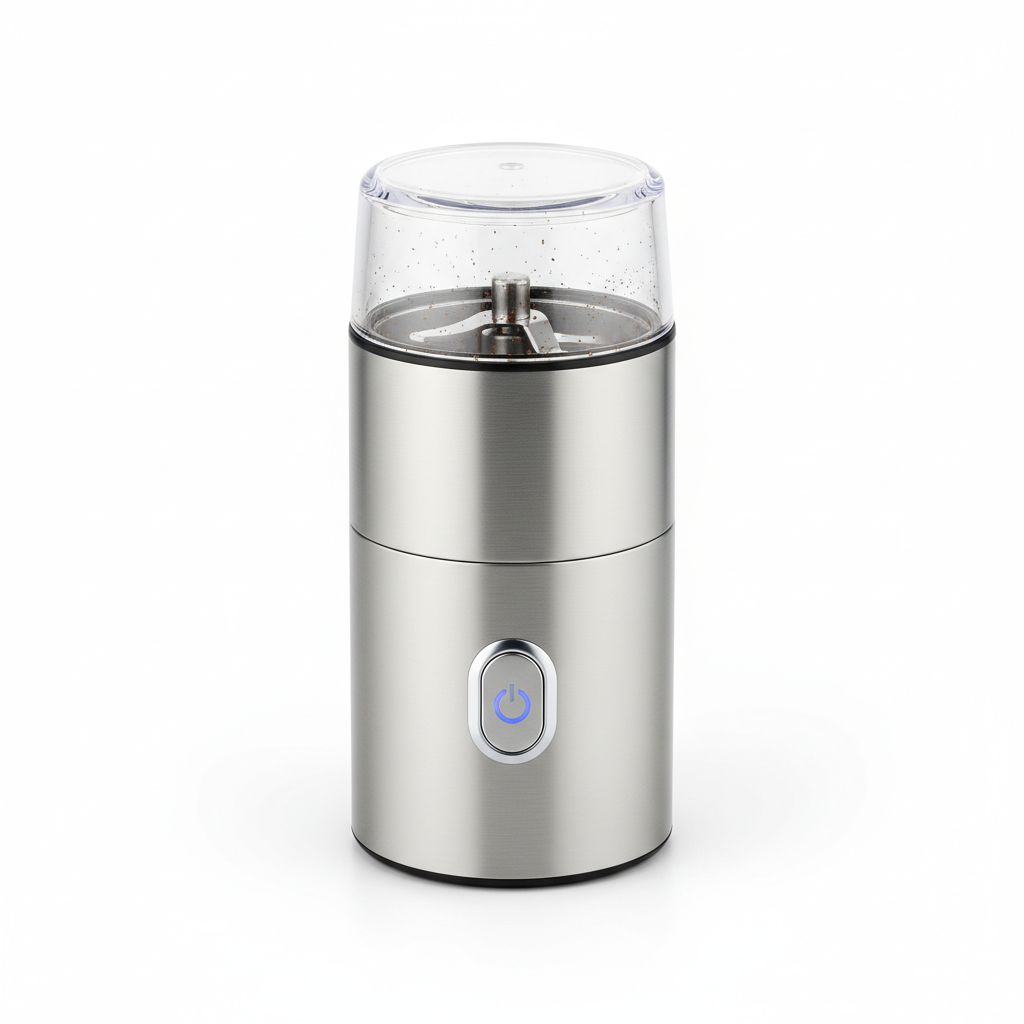 Small portable stainless steel electric grinder on white background