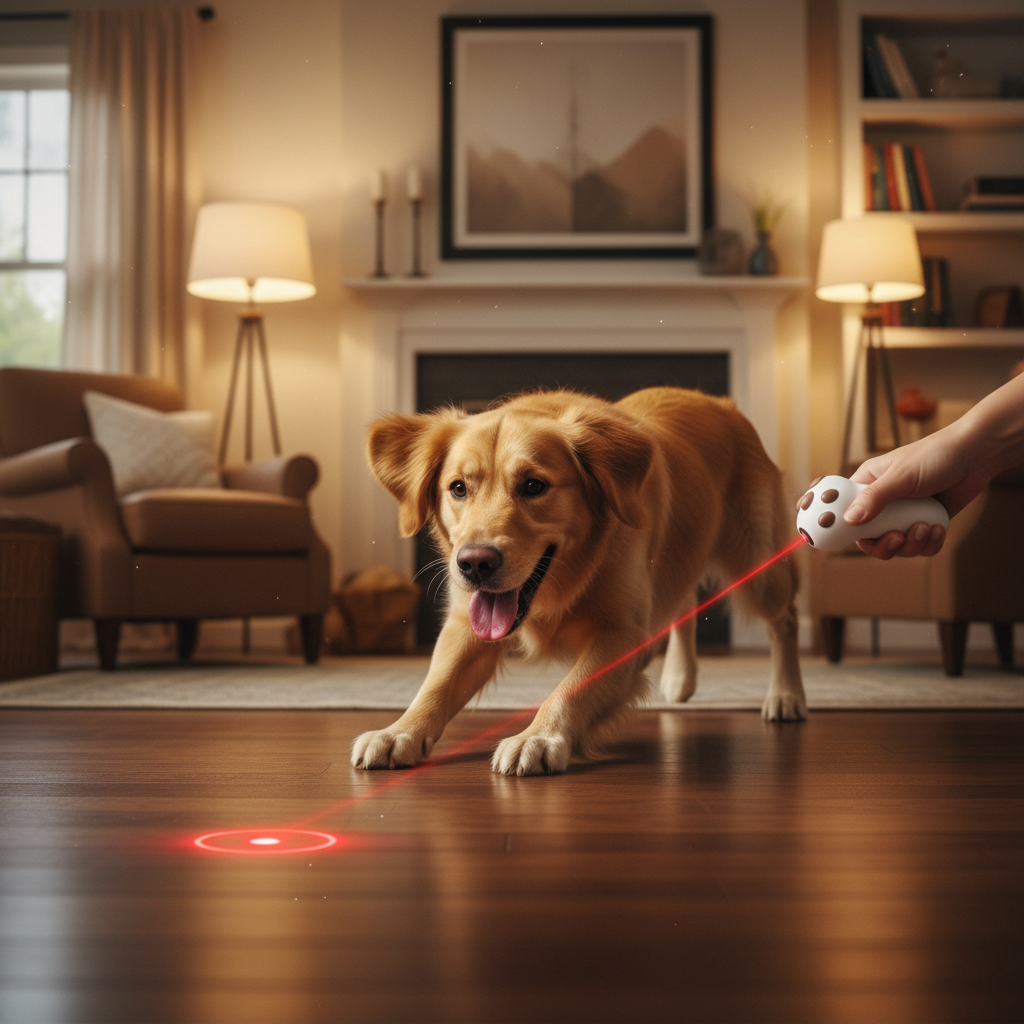 Dog chasing red laser dot while owner holds cat paw laser pointer toy