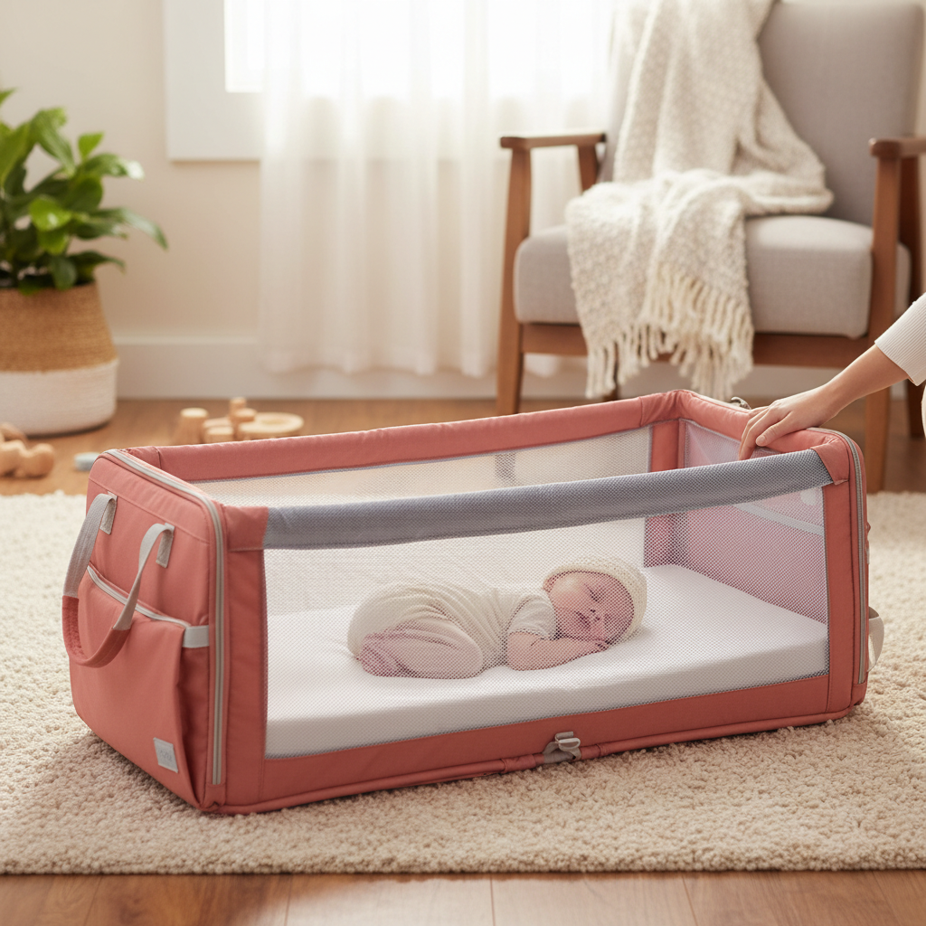 Baby diaper bag converted into portable foldable crib with sleeping newborn
