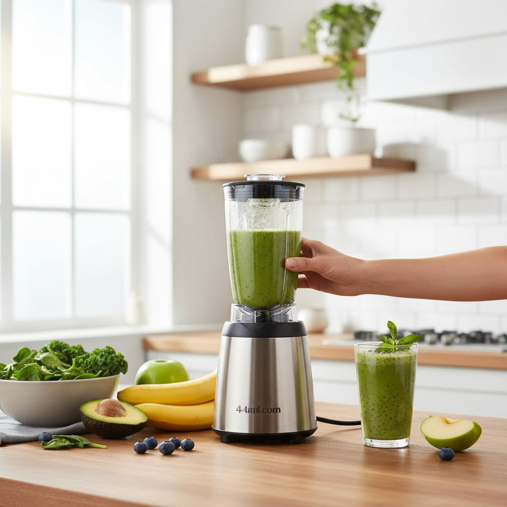 Personal blender cup making green smoothie with fresh fruits