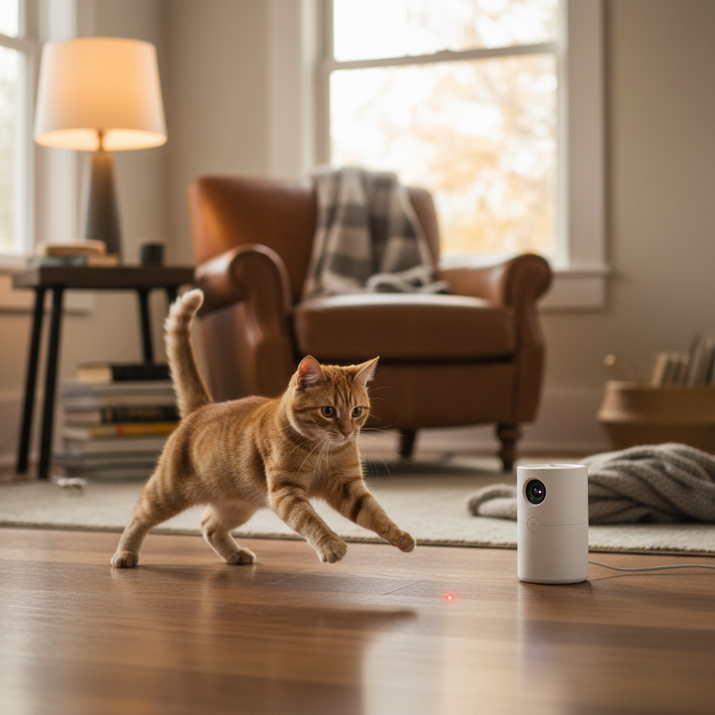 Playful cat chasing red laser dot with automatic laser toy in background