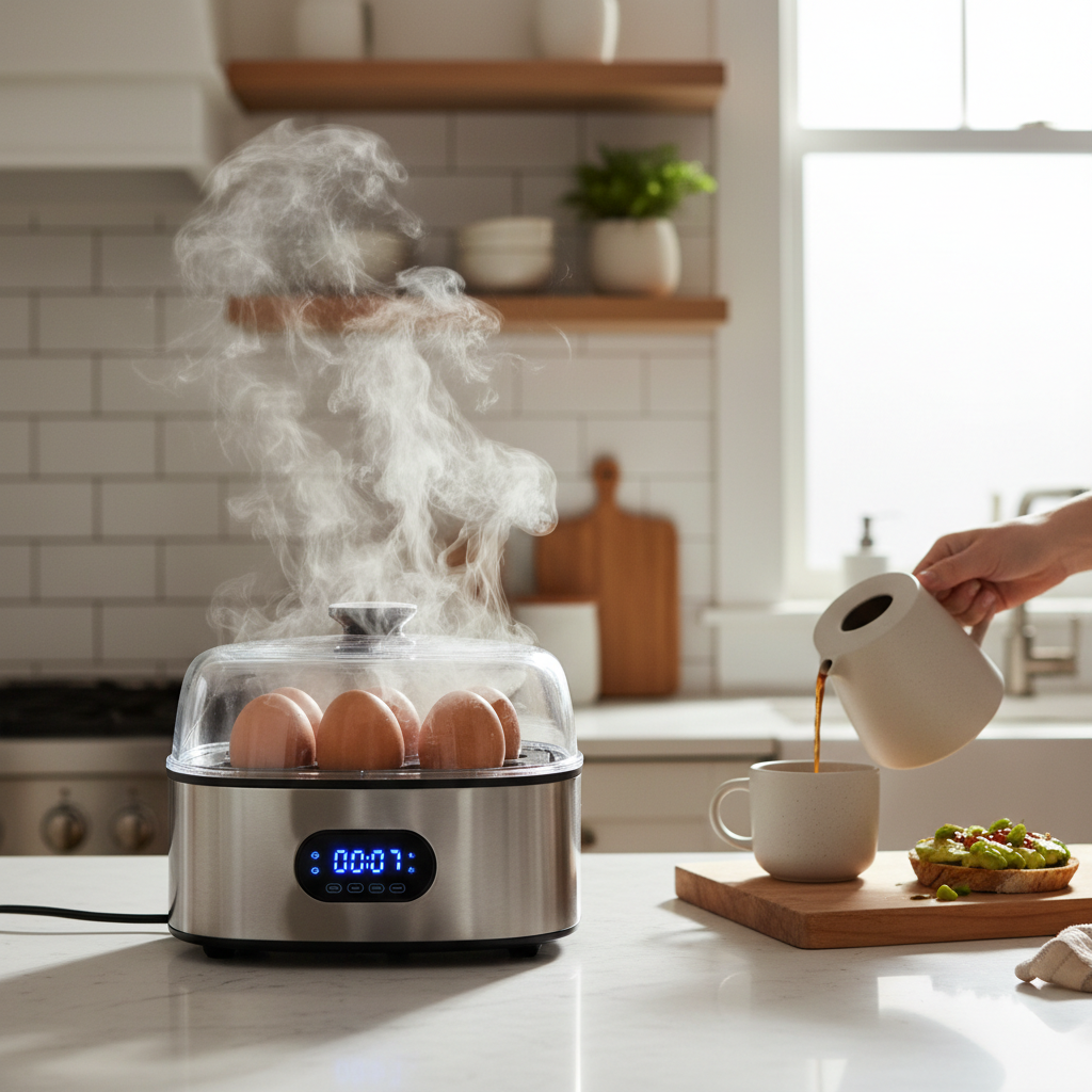 Digital egg cooker with steam rising during breakfast preparation