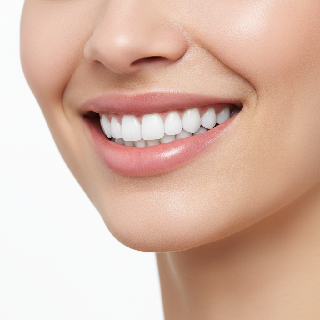 Woman with bright white smile after using whitening probiotic toothpaste