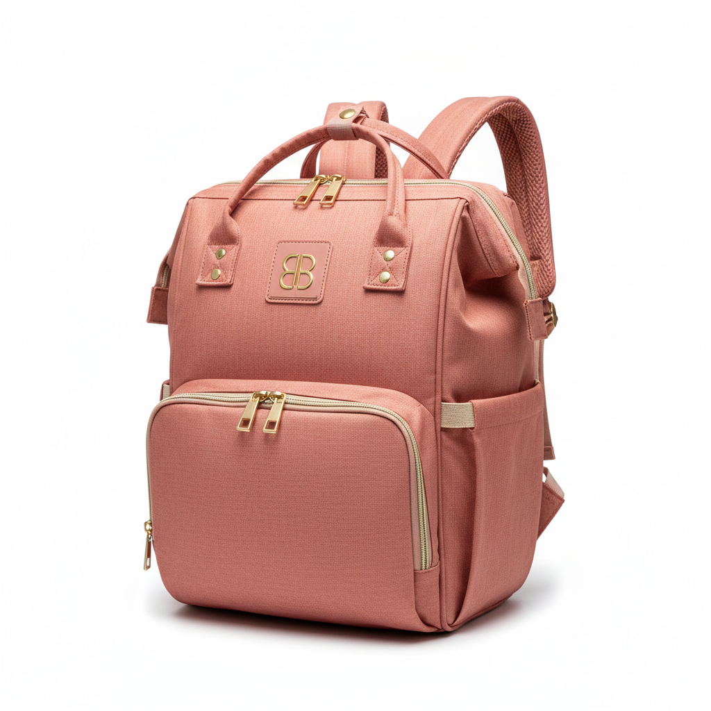 Baby diaper bag backpack in salmon pink on white background