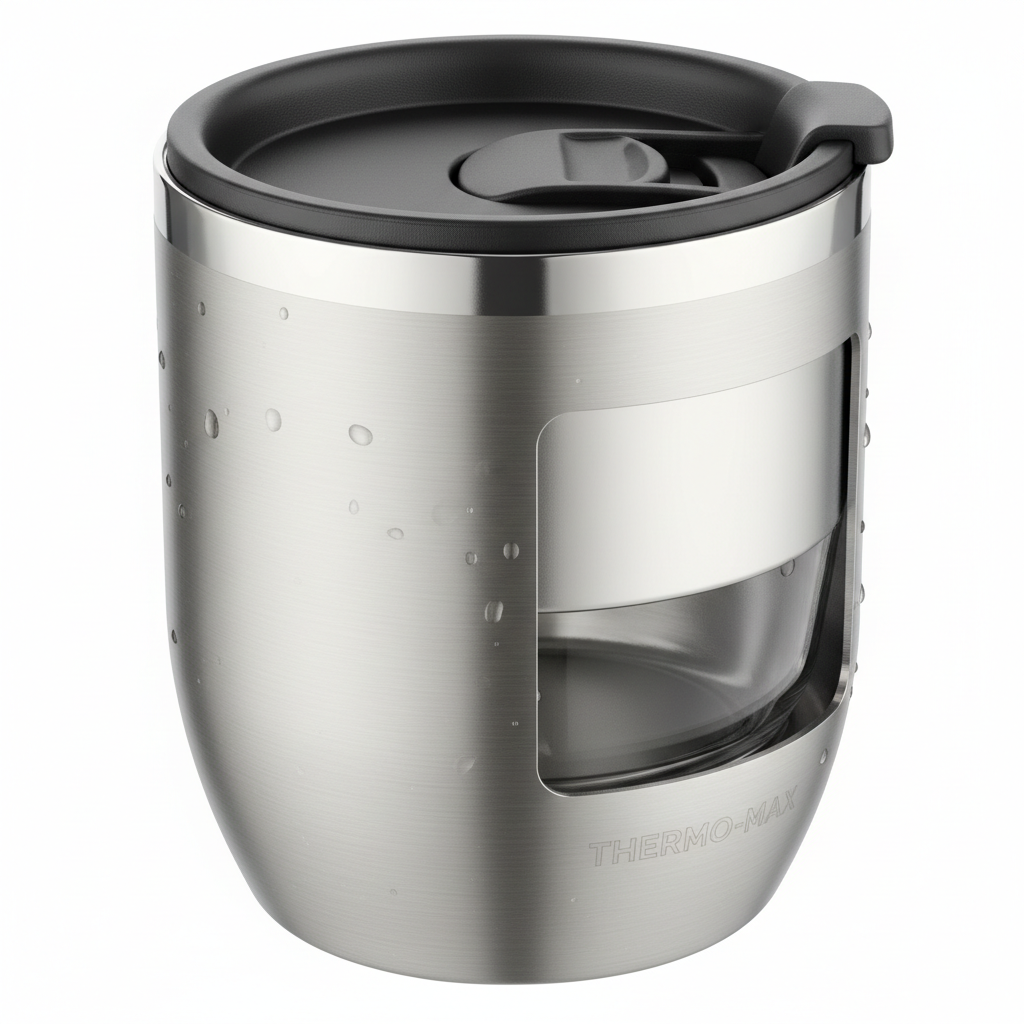 Close-up of stainless steel tumbler mug showing double-wall construction and lid