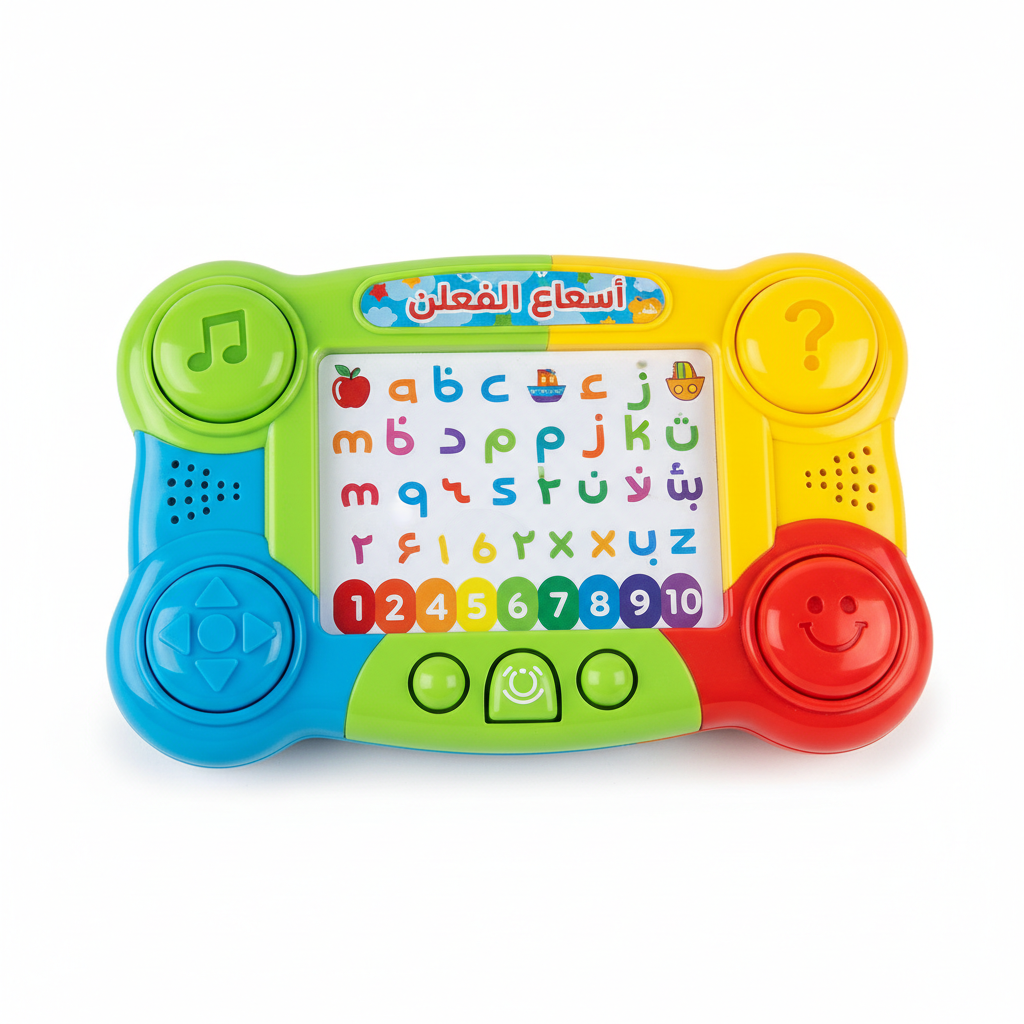 Close-up of Arabic learning tablet showing letters and interactive buttons