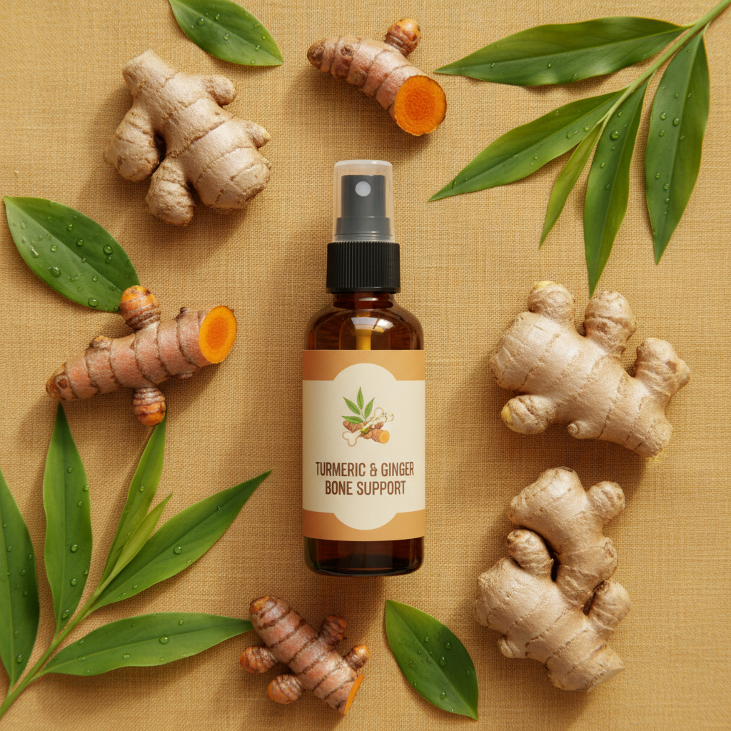 Bone care spray bottle with fresh turmeric and ginger root on golden background