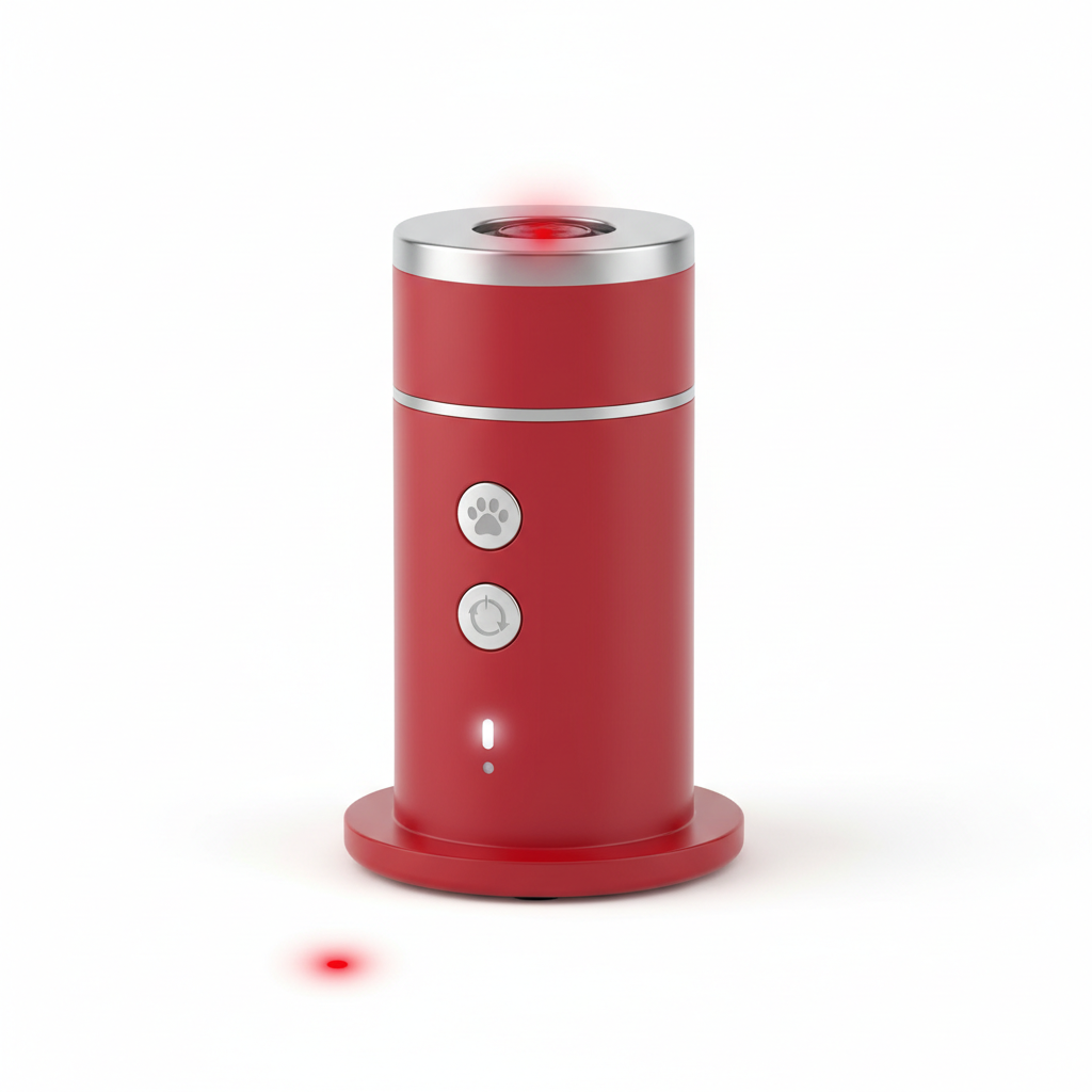 Automatic red laser pointer pet toy on white background