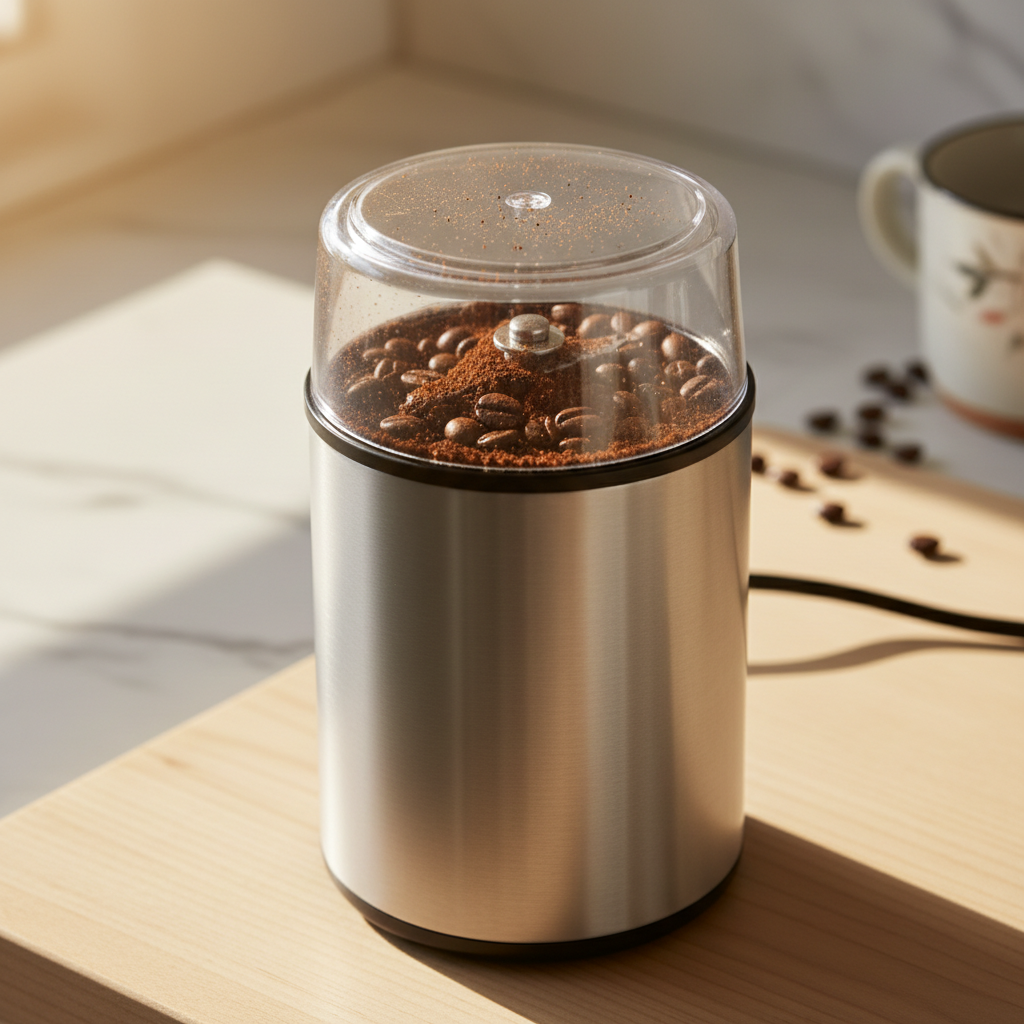 Stainless steel electric grinder grinding fresh coffee beans
