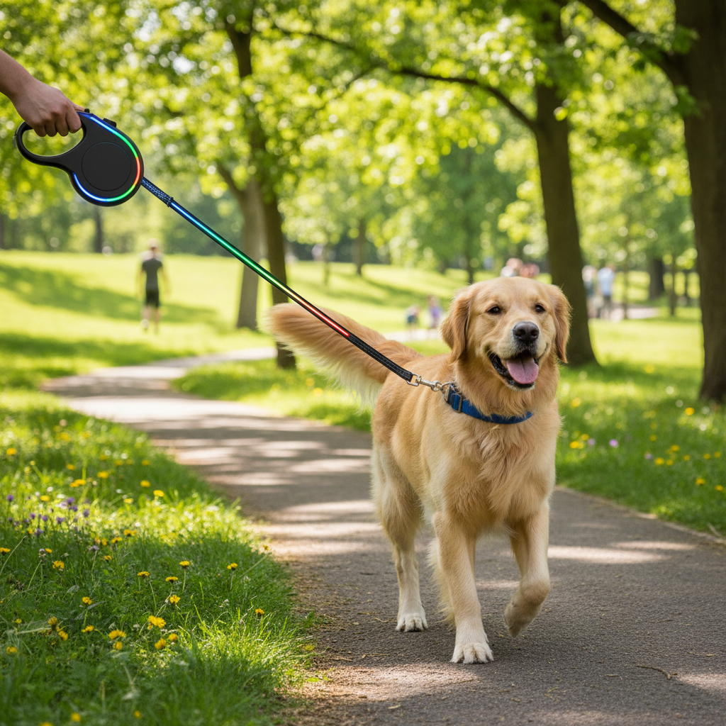 Happy medium dog on retractable leash walking in park