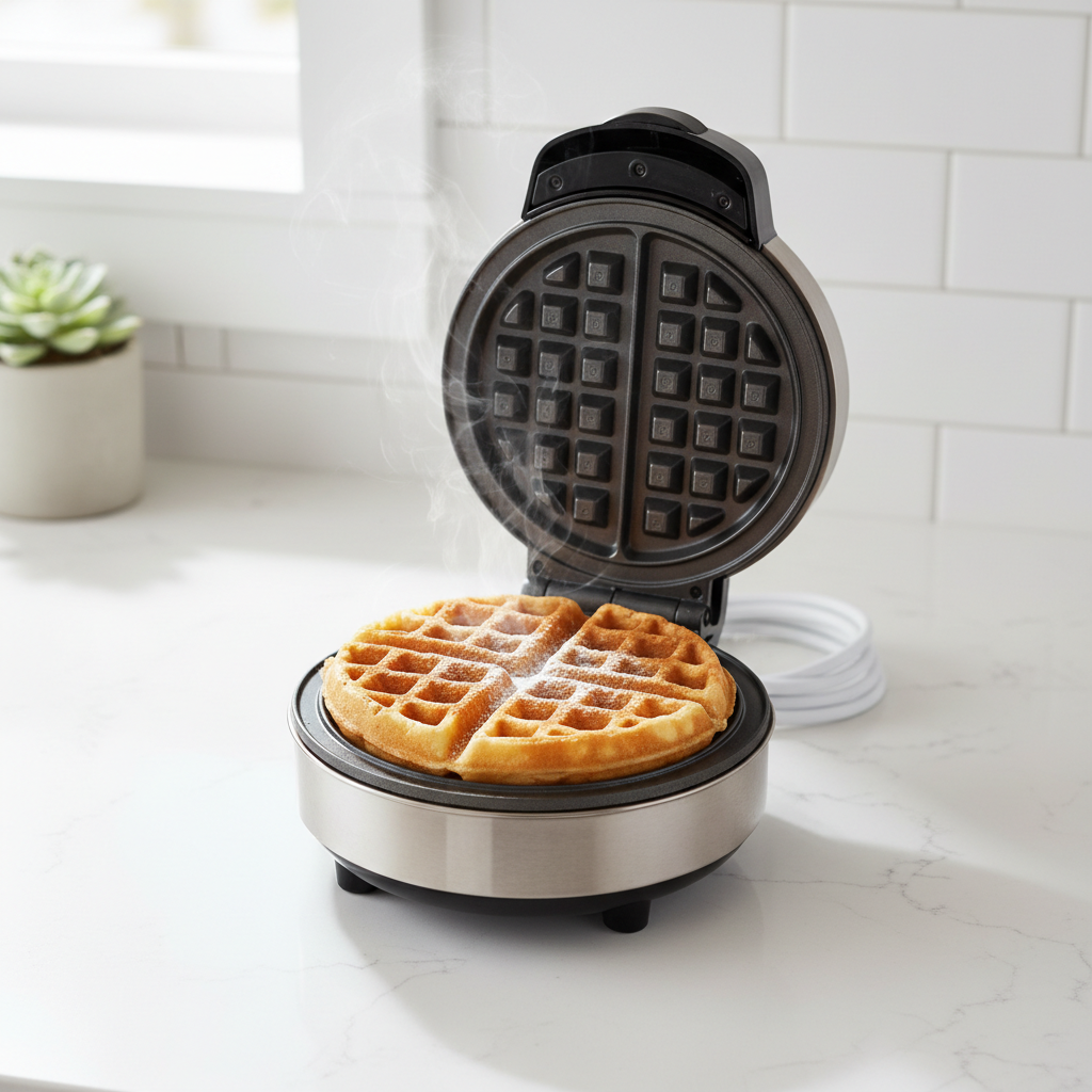 Mini waffle maker on countertop with golden waffles and steam