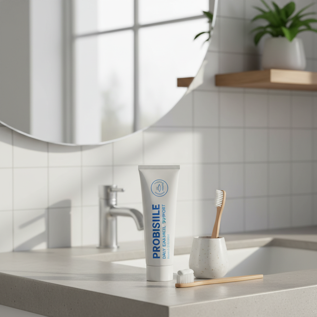 Probiotic toothpaste on bathroom countertop with toothbrush