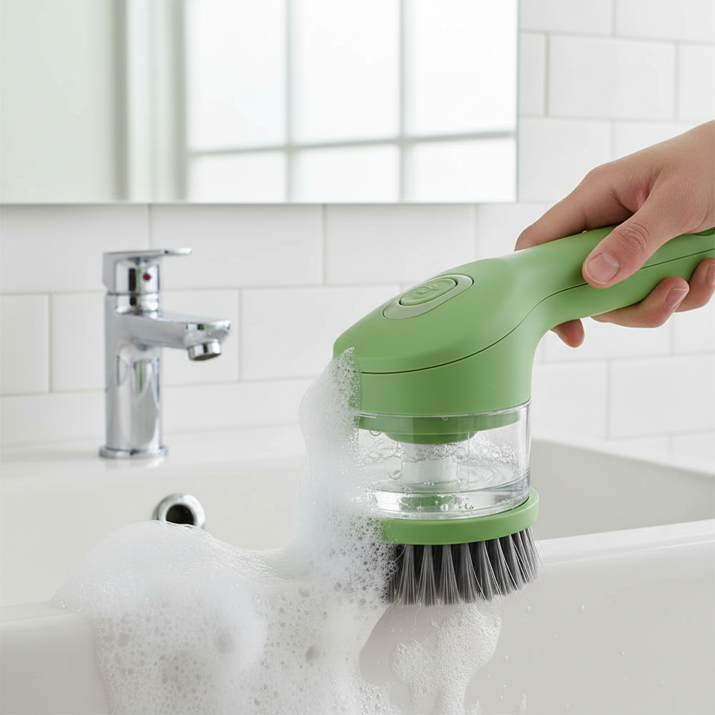 Electric cleaning brush scrubbing bathroom sink with soap foam