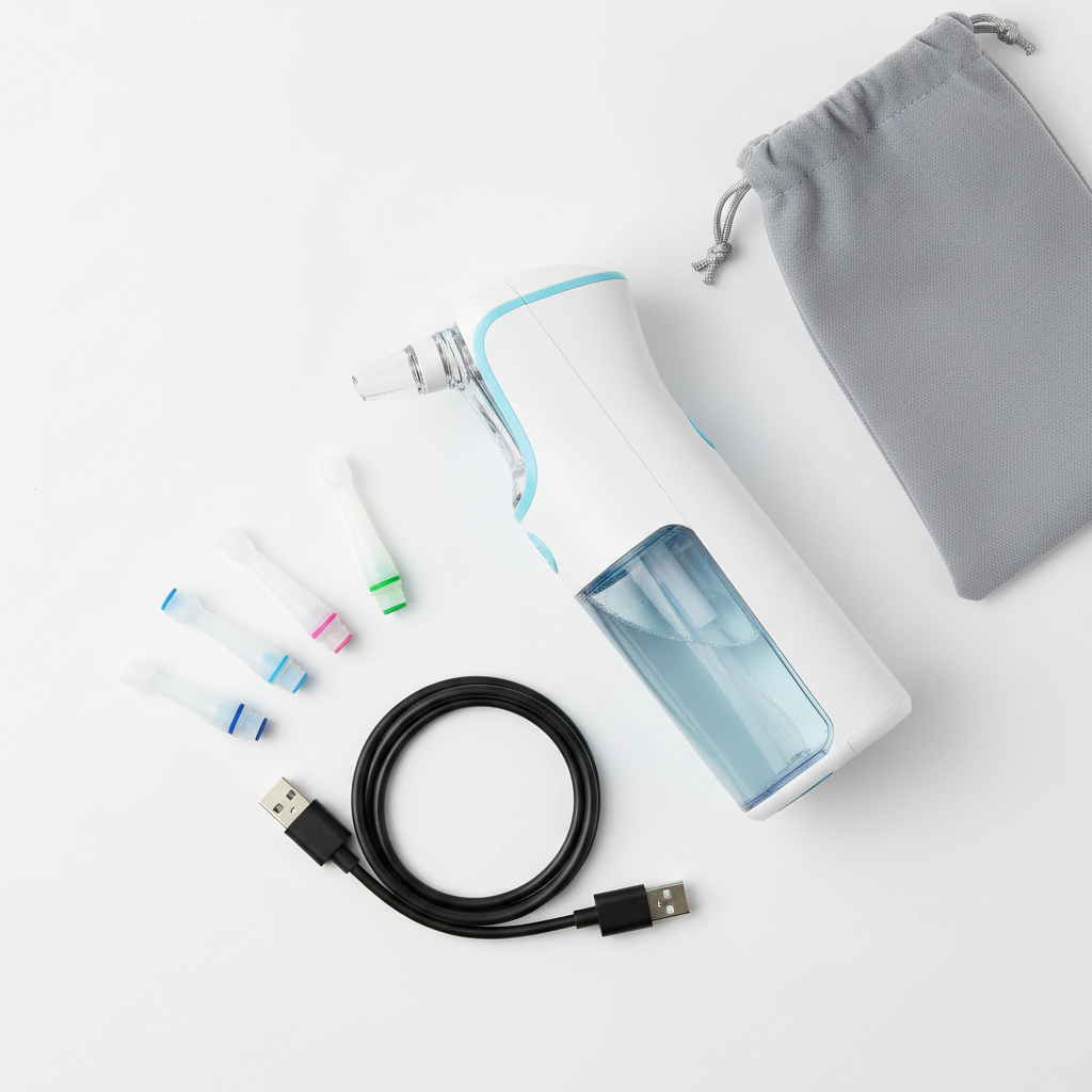 Portable oral irrigator kit with nozzle tips and accessories flat lay