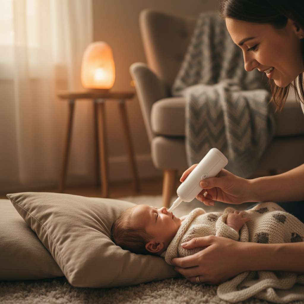 Parent using electric nasal aspirator on baby