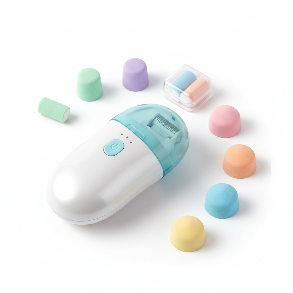 Baby electric nail trimmer set with attachments on white background