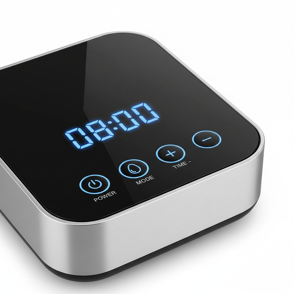 Close-up of digital egg cooker control panel and timer display