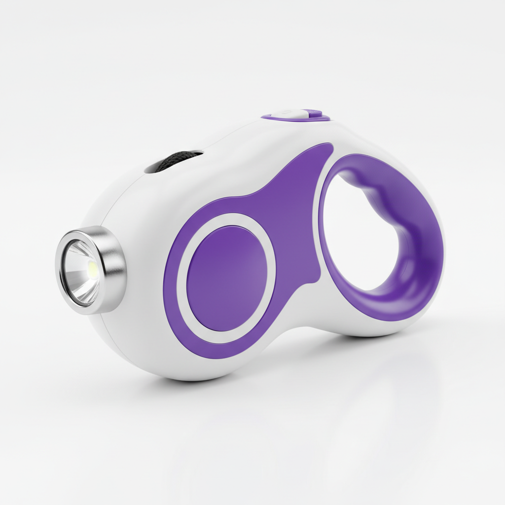 White and purple retractable dog leash with LED spotlight on white background